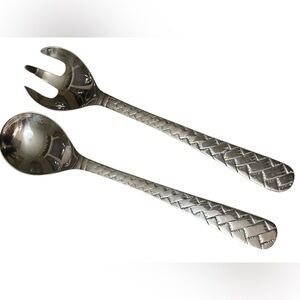 Vintage Stainless Steel Salad Serving Set Large Spoon Fork Textured Handles